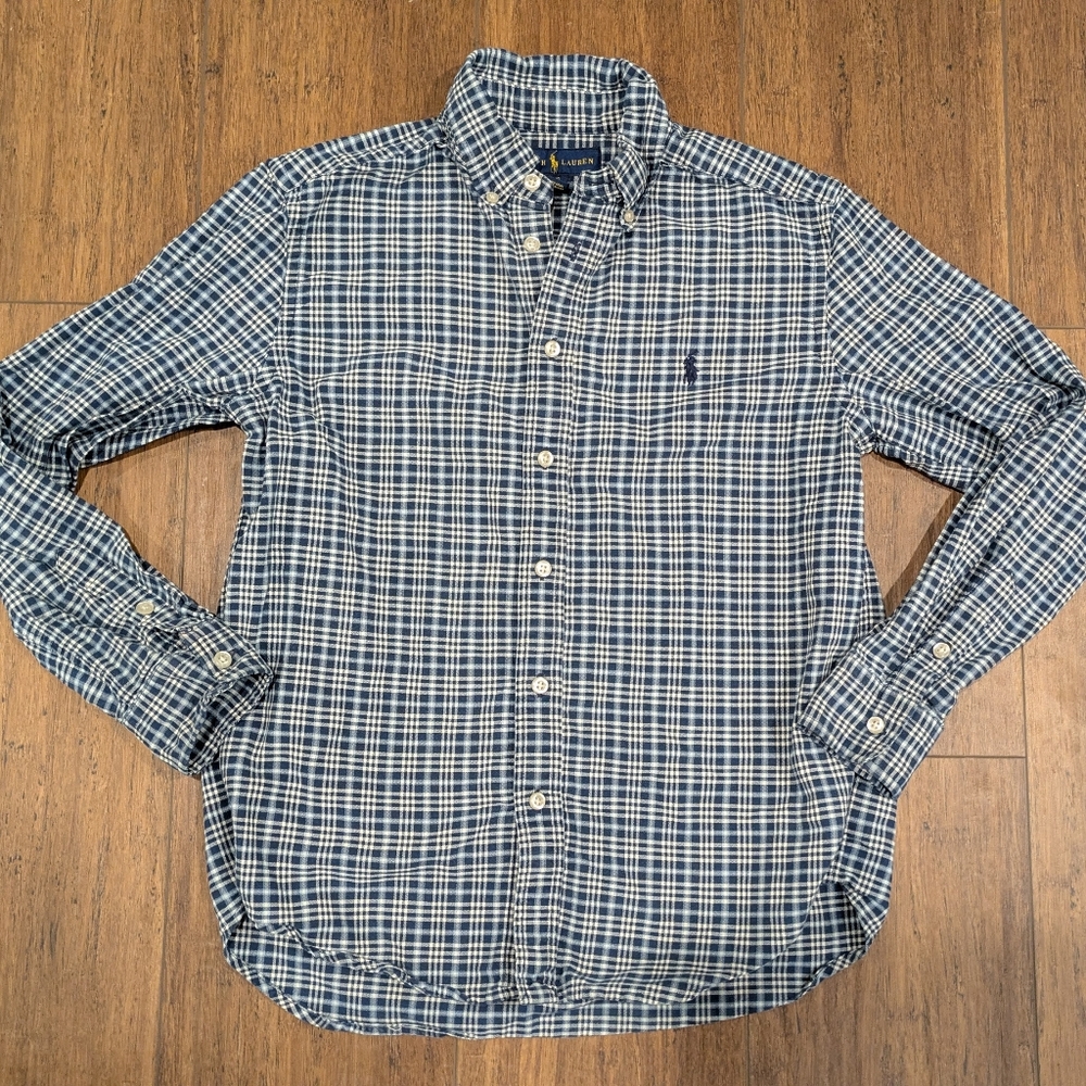 Ralph Lauren Boys Blue Plaid Cotton Shirt Size Large 14/16 Good Condition